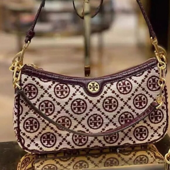 NWT! NEW! Tory Burch T MONOGRAM CHENILLE STUDIO BAG -Claret - Picture 5 of 13